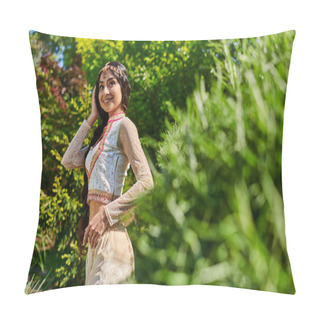 Personality  Young Indian Woman In Traditional Clothes Smiling In Summer Park On Blurred Foreground Pillow Covers