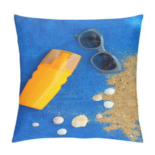 Personality  Sunscreen Bottle On Blue Towel Pillow Covers