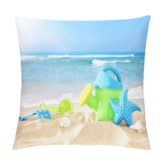 Personality  Vacation And Summer Image With Beach Colorful Toys For Kid Over The Sand Pillow Covers