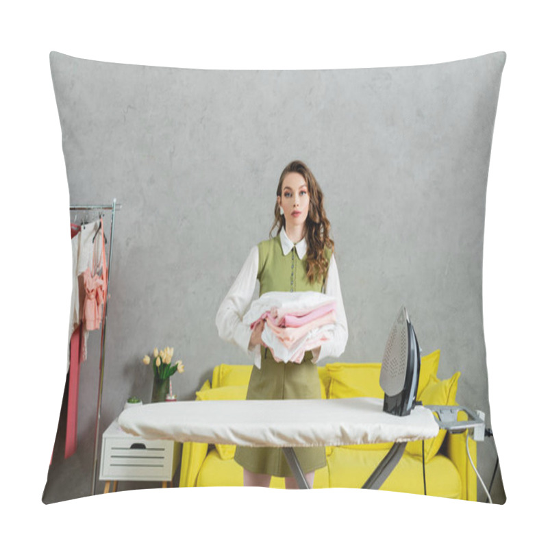 Personality  Housework Concept, Beautiful Young Woman With Wavy Hair Holding Stack Of Clean Clothes, Housewife Doing Her Daily Duties, Domestic Chores, Laundry Day, Home Tasks, Housekeeping  Pillow Covers