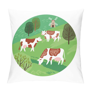Personality  Cows In The Pasture. Silhouettes Of Cows And Trees. Geometrical Composition. Pillow Covers