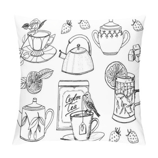 Personality  Tea Time. Set Of Kettle. Natural Organic Product. Farm Products. Trendy Cute Vector Illustration. Engraved Hand Drawn Line Art Vintage Old Doodle Sketch, Ink. Vector Illustration For Label. Pillow Covers