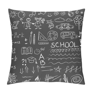 Personality  Back To School Doodles Set On Blackboard. Vector Illustration. Pillow Covers