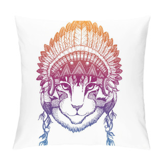 Personality  Cat. Domestic. Animal. Vector Portrait In Traditional Indian Headdress With Feathers. Tribal Style Illustration For Little Children Clothes. Image For Kids Tee Fashion, Posters. Pillow Covers