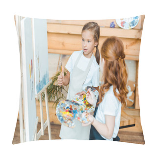 Personality  Selective Focus Of Cute Kid Looking At Painting Near Redhead Child In Art School Pillow Covers