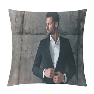 Personality  Handsome Macho Man In Suit Adjusting Jacket And Looking Away  Pillow Covers