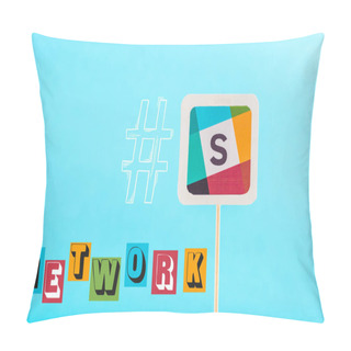 Personality  Card With Slack Logo, Network Lettering And Hashtag Isolated On Blue Pillow Covers
