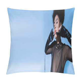 Personality  Young African American Woman In Black Transparent Long Sleeve Shirt And Veil Looking At Camera On Blue, Banner Pillow Covers