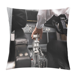 Personality  Cropped View Of Co-pilot Using Thrust Lever In Airplane Simulator Pillow Covers