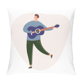 Personality  Smiling Guy Plays The Guitar. Playing Guitar In Your Free Time. Lessons Of Guitar Playing. Advertising Guitar Lessons. Poster For A Music Store, Concert, Or Festival. Vector Illustration. Pillow Covers
