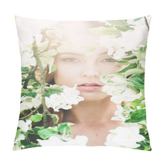 Personality  Portrait Of Beautiful Romantic Lady In Apple Trees Blossoms Pillow Covers
