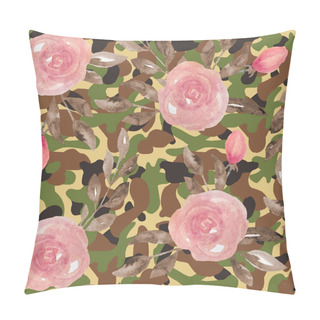 Personality  Floral Camo Camouflage Seamless Pattern With Pink Roses Flowers. Military Army Design, Textile For Masking Hiding Hunting. Print For War Soldiers In Jungle Desert Forest Outdoors, Trendy Style Texture Pillow Covers