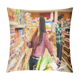 Personality  Young Woman  Looking At The Food Label Pillow Covers