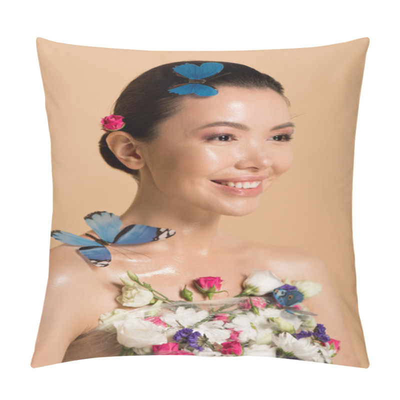 Personality  smiling naked asian girl in flowers with butterflies on body isolated on beige pillow covers