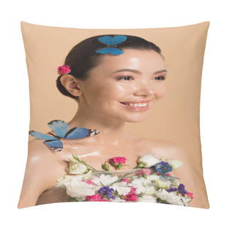 Personality  Smiling Naked Asian Girl In Flowers With Butterflies On Body Isolated On Beige Pillow Covers