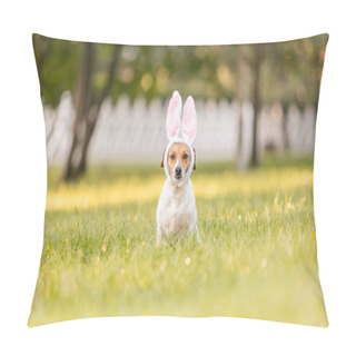 Personality  Jack Russell Terrier Dog Dressed In A Rabbit Costume Sits In The Grass. Costume Party. Easter Theme. Conceptual Photo For The Easter Holiday Pillow Covers
