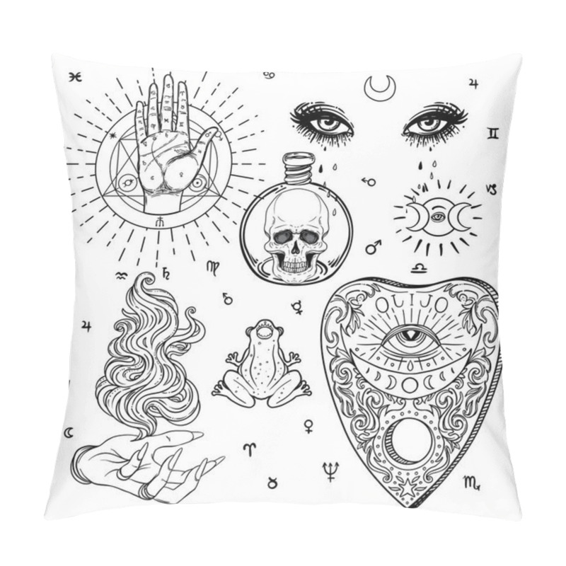 Personality  Witchcraft set of vector isolated illustrations in Victorian style. Hand, planchette, skull, eyes. Mediumship divination equipment. Alchemy, religion, spirituality, occultism. pillow covers