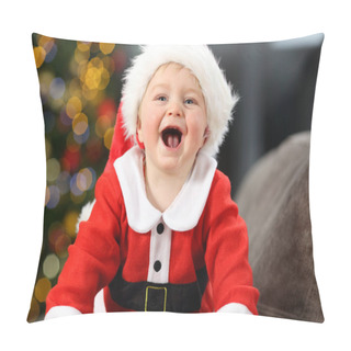Personality  Joyful Child Wearing Santa Claus Disguise On A Couch At Home In Christmas With A Tree In The Background Pillow Covers