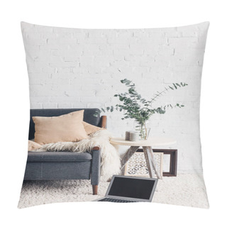 Personality  Laptop On Floor Of White Living Room Interior With Cozy Couch, Mockup Concept Pillow Covers