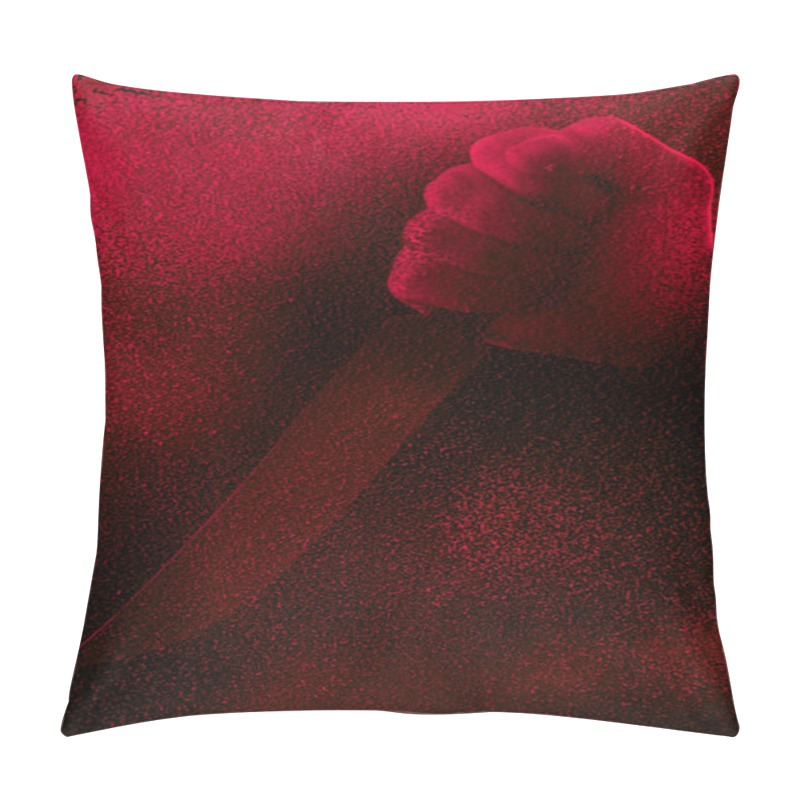 Personality  Cropped Shot Of Human Hand Holding Knife In Red Light With Glitches  Pillow Covers