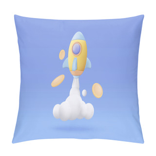 Personality  3d Flying Space Rocket With Money Coin. Spaceship Launch On Blue Background. Space For Business Startup Concept. Realistic Creative Cartoon Minimal Style. 3d Rocket Icon Vector Illustration Pillow Covers