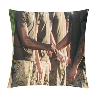 Personality  Partial View Of African American Soldier And Tactical Instructor In Military Uniform Shaking Hands On Range Pillow Covers