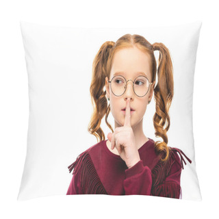 Personality  Adorable Kid In Glasses Showing Silent Gesture Isolated On White Pillow Covers