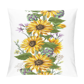 Personality  Border With Sunflowers Bouquet,.artichoke And Wild Flower. Vector Illustration. Pillow Covers