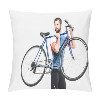 Personality  Bearded Sportsman Carrying Bike, Isolated On White Pillow Covers