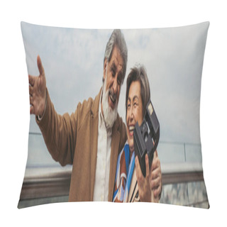 Personality  Cheerful Senior Woman Holding Vintage Camera While Husband Smiling And Gesturing Outside, Banner Pillow Covers