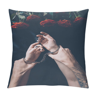 Personality  Cropped Shot Of Man Holding Female Hands In Handcuffs Above Black Fabric With Red Roses Pillow Covers