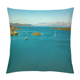 Personality  Aerial View Of Blue Sea With Little Town On Shore And Little Island With Floating Sailing Boats At Summer Time Pillow Covers
