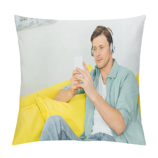 Personality  Handsome Man In Headphones Using Smartphone On Yellow Couch At Hoe  Pillow Covers