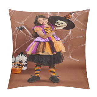Personality  Happy Girl In Halloween Costume Wearing Witch Hat On Skull On Brown Background, Spooky Season Pillow Covers