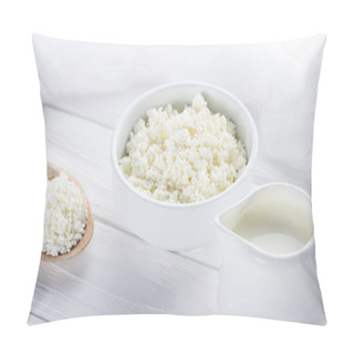 Personality  Fresh Healthy Cottage Cheese, Wooden Spoon And Milk In Jug On Wooden Table Pillow Covers