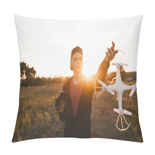 Personality  Young Man Showing Drone To Camera, Sunset Flare Pillow Covers
