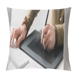 Personality  Cropped View Of 3d Artist Working With Computers And Graphics Tablet On Table Isolated On Grey, Panoramic Shot  Pillow Covers