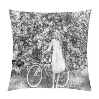 Personality  Seasonal Allergy. Girl Vintage Cruiser Bicycle Near Sakura Tree. Woman In Garden. Aroma Concept. Sakura Tree Blooming. Sakura Season. Tender Fragrance. Hobby And Leisure. Transportation And Travel. Pillow Covers