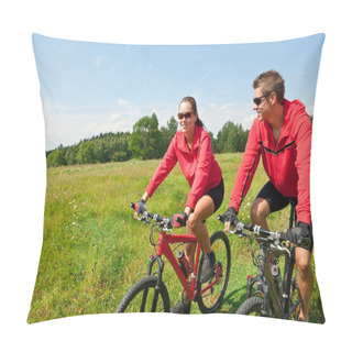 Personality  Young Couple Riding Mountain Bike In Spring Meadow Pillow Covers