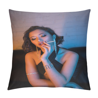Personality  Elegant And Stylish Asian Woman Smoking Cigarette While Spending Time In Night Club With Neon Light Pillow Covers
