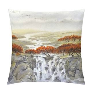 Personality  Watercolor Landscape. Mountain Stream Flows Through Autumn Field Pillow Covers