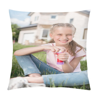 Personality  Happy Little Kid Holding Soap Bubbles While Mother Walking Behind  Pillow Covers