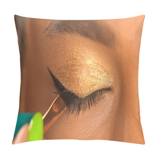 Personality  Cropped View Of African American Woman Applying Eye Liner With Cosmetic Brush  Pillow Covers