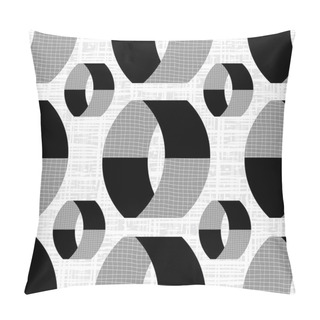 Personality  Monochrome Textured Vector 3D Cylinders. Seamless Pattern Background. Abstract Floating Ring Shapes Vertical Geometric Design On Etched Backdrop. All Over Print For Technical, Business Concept Pillow Covers