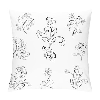 Personality  Stylized Flowers On Stems With Leaves In Black Lines On White Background. SET Pillow Covers