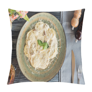 Personality  Delicious Italian Ravioli With Spinach And Ricotta Cheese, Spices And Fork With Knife On Table Pillow Covers