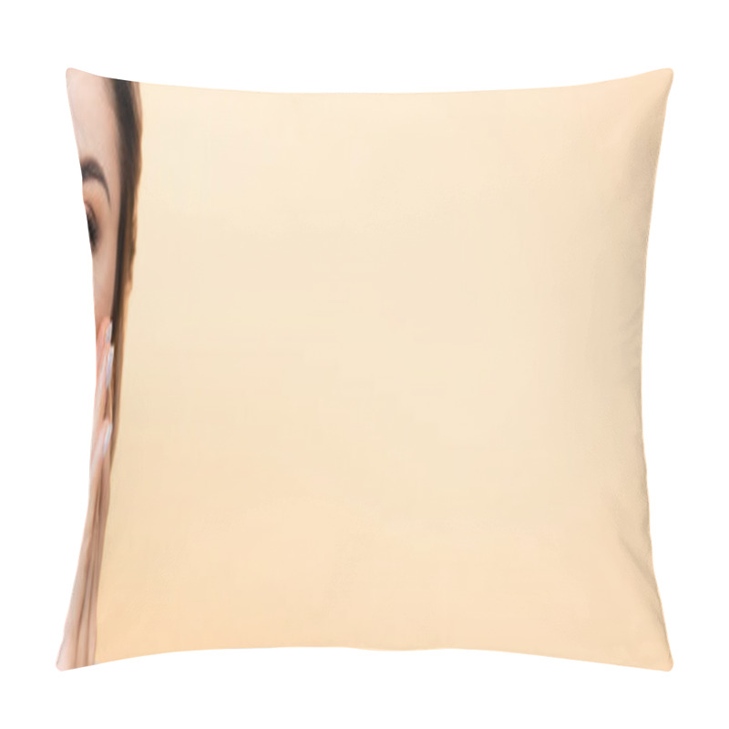 Personality  website header of young woman with red lips touching face isolated on peach pillow covers