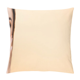 Personality  Website Header Of Young Woman With Red Lips Touching Face Isolated On Peach Pillow Covers