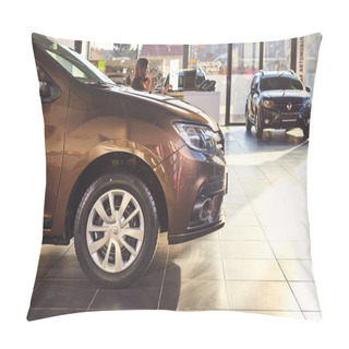 Personality  Vinnitsa, Ukraine - April 02, 2019. Renault Logan MCV - New Model Car Presentation In Showroom - Side View Pillow Covers