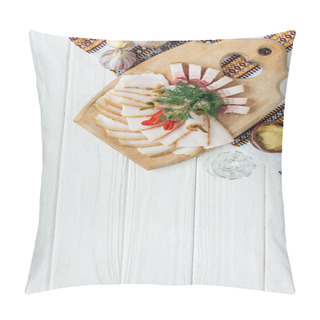 Personality  Traditional Sliced Smoked Lard On Cutting Board With Mustard, Embroidered Towel And Glass Of Vodka On White Wooden Background Pillow Covers